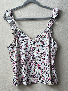 French Connection Breya Elitan Ruffle Strap Cami Blue White & Pink XL
